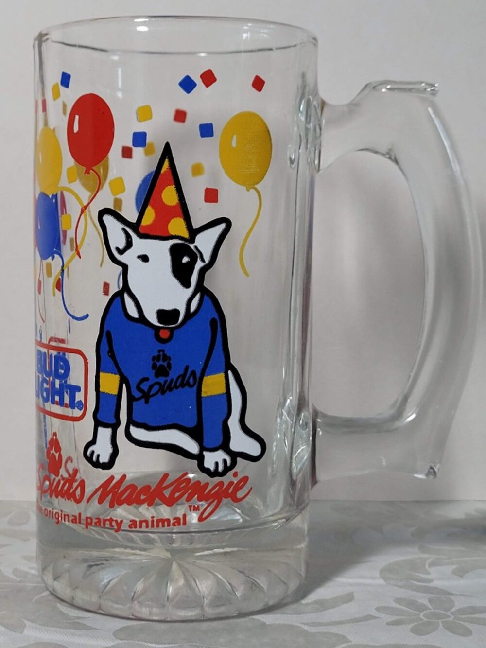Bud Light Spuds Mackenzie Glass Beer Mug The Original Party Animal Vintage 1987